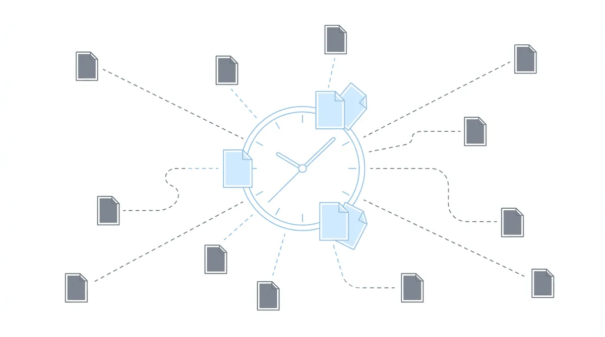 Clock with case files at varying distances representing delayed awareness