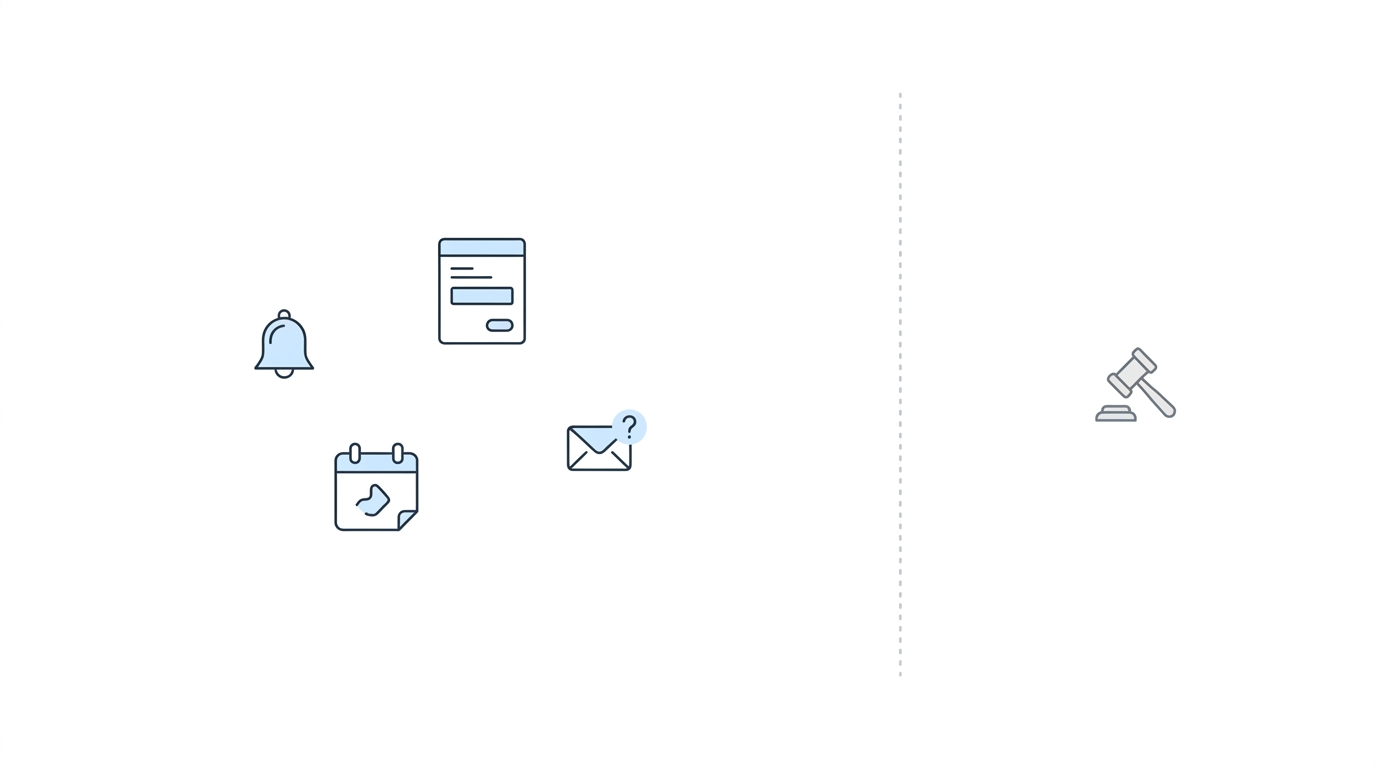 Pre-hearing ERE events — notification bell, document, calendar, and envelope icons clustered before a dividing line, with a single gavel icon on the hearing side