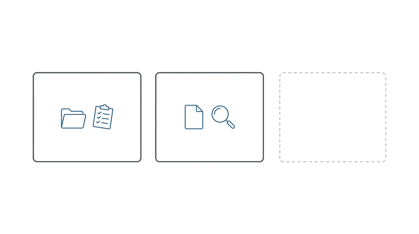 Two solid software category cards on the left (CMS and medical review) with a dashed empty outline card on the right representing the missing ERE operations category