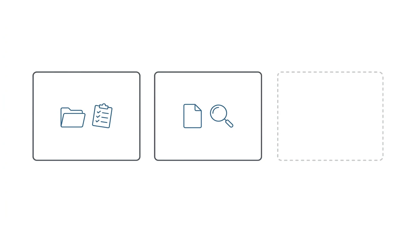 Two solid software category cards on the left (CMS and medical review) with a dashed empty outline card on the right representing the missing ERE operations category