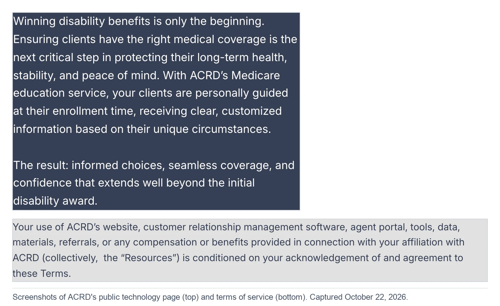 Screenshots of ACRD's public technology page and terms of service, captured October 22, 2026: "With ACRD's Medicare education service, your clients are personally guided at their enrollment time," and "Your use of ACRD's website, customer relationship management software, agent portal, tools, data, materials, referrals, or any compensation or benefits provided in connection with your affiliation with ACRD (collectively, the Resources) is conditioned on your acknowledgement of and agreement to these Terms."
