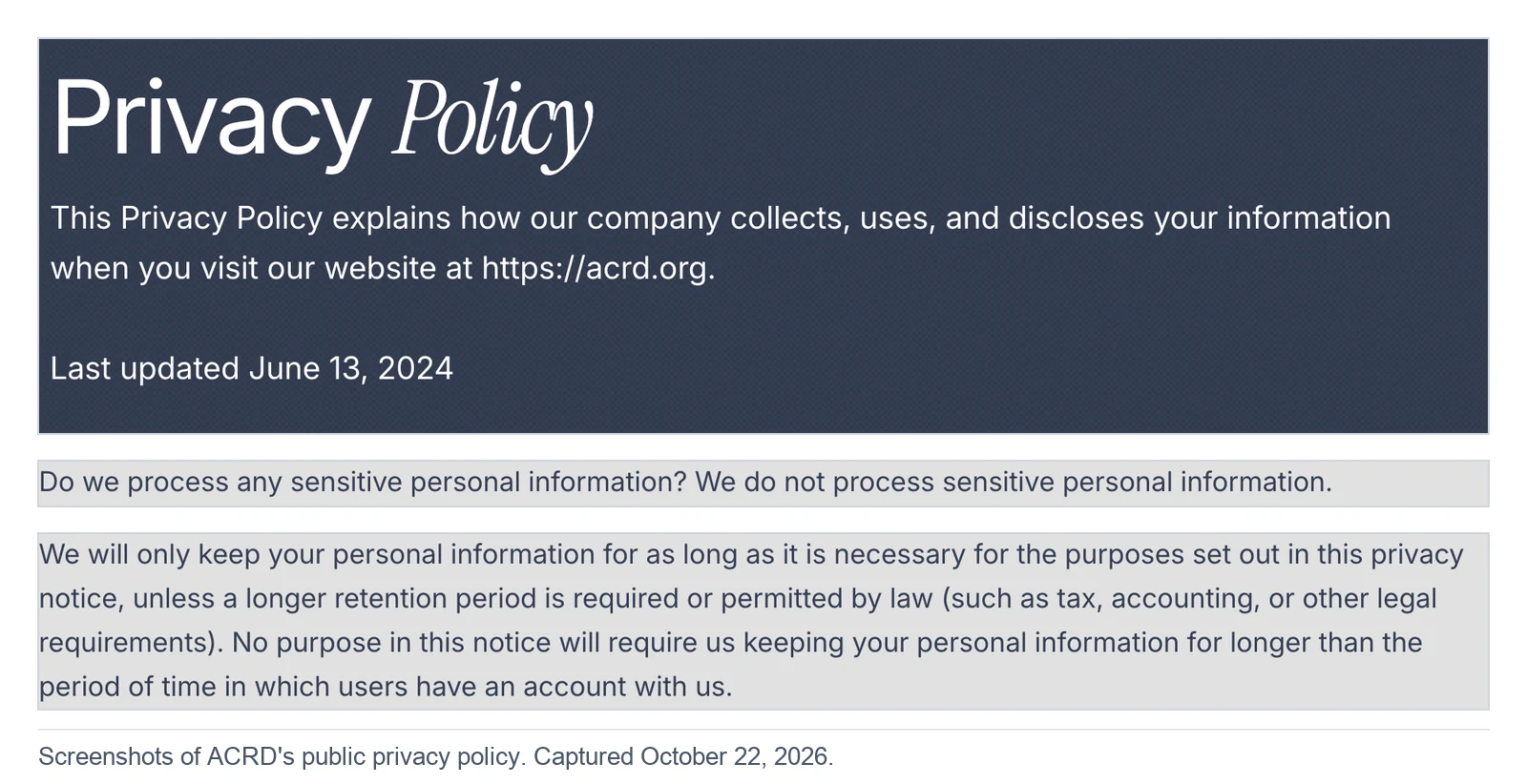 Screenshots of ACRD's public privacy policy, captured October 22, 2026: "Last updated June 13, 2024," "We do not process sensitive personal information," and the policy's retention paragraph.