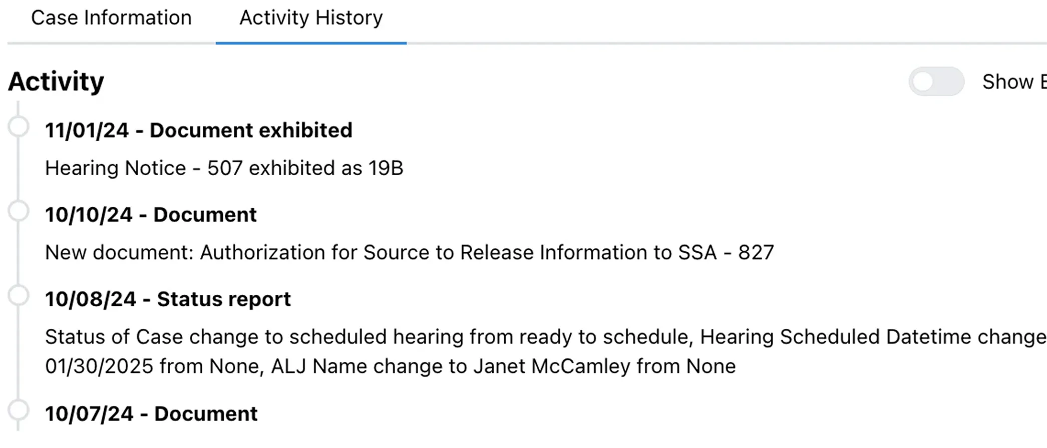 Chronicle ERE document monitoring interface