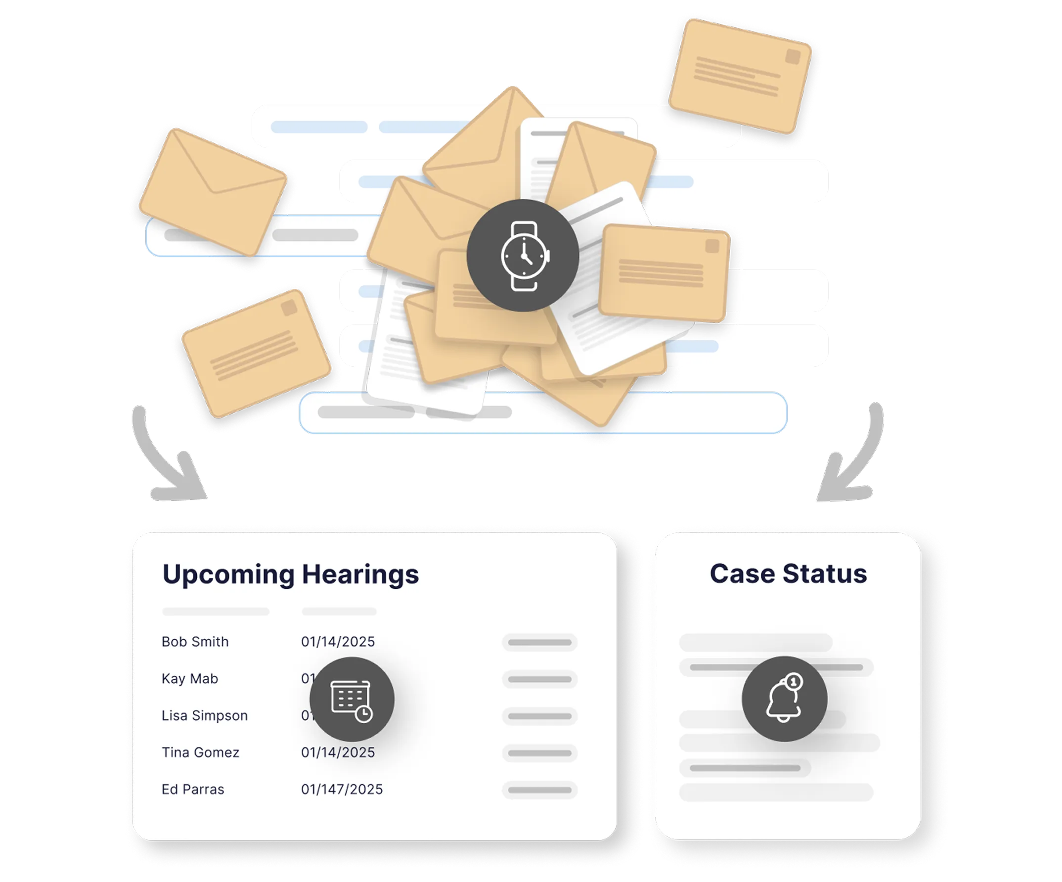 ERE mail and documents organized into Chronicle's Upcoming Hearings and Case Status dashboards