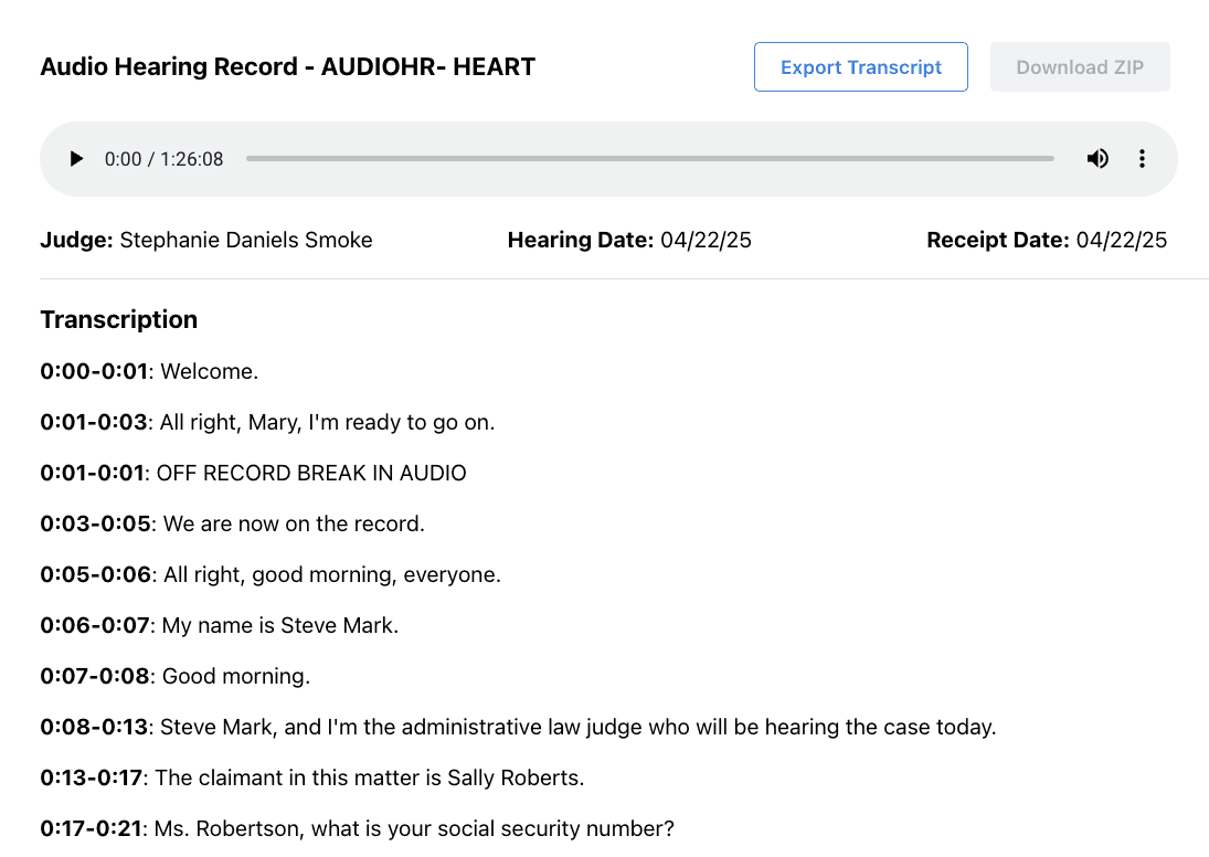 hearing testimony for disability law practices that are searcheable