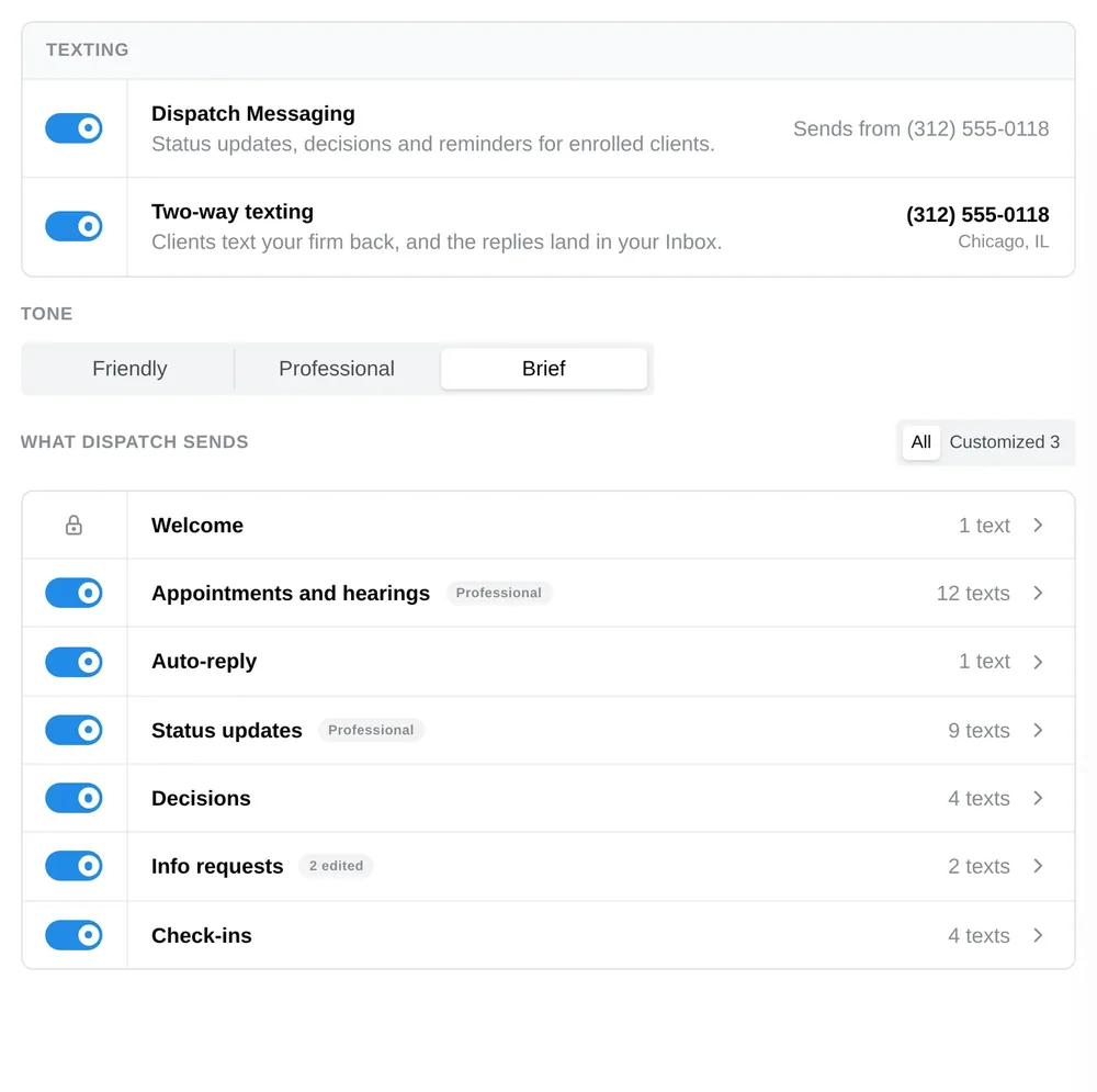 Chronicle's Dispatch message settings: texting and two-way texting switched on for the firm's own number, a tone setting, and the seven kinds of case event that text a client, each with its own switch and its own drafts.