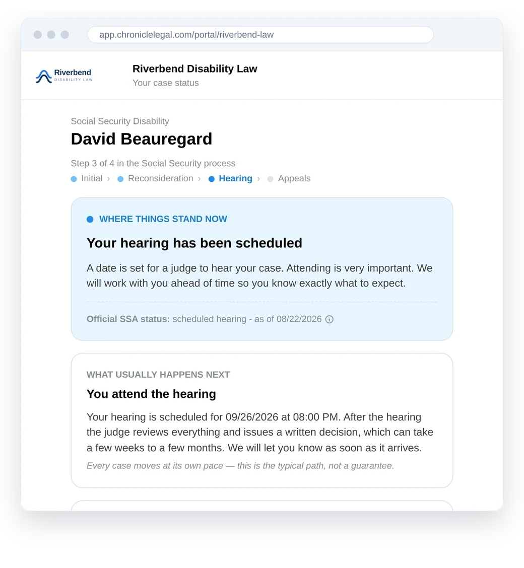 A client's view of the Chronicle portal in a browser, under their firm's own branding, explaining in plain language that their hearing has been scheduled and what usually happens next.