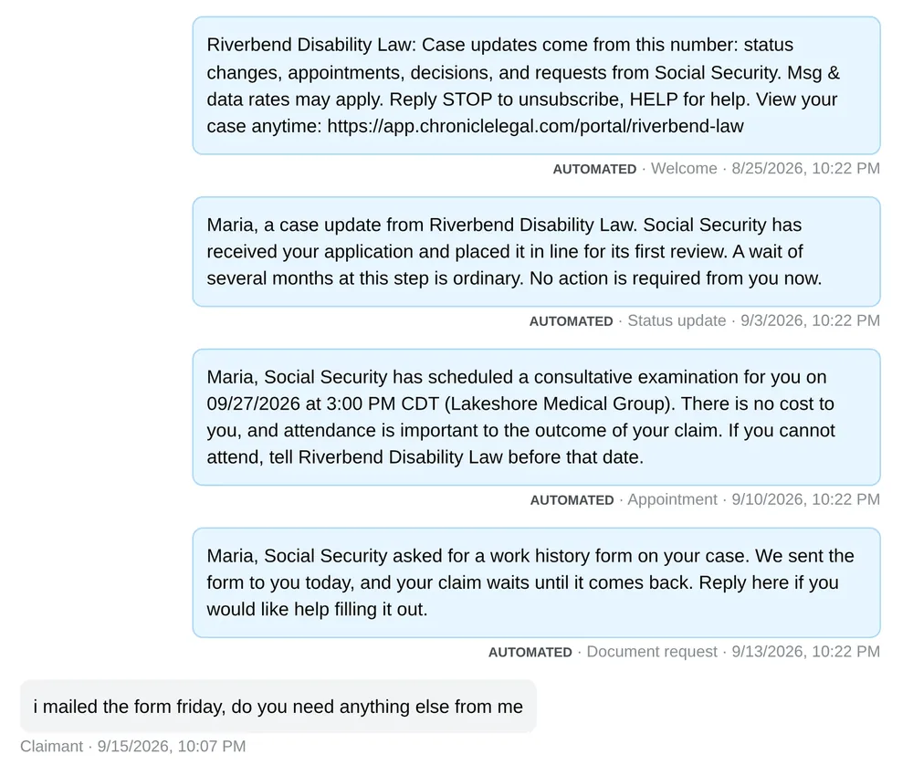 A claimant's conversation inside Chronicle: four texts the firm sent automatically, each labelled with the case event that triggered it, and the claimant's own reply at the end.