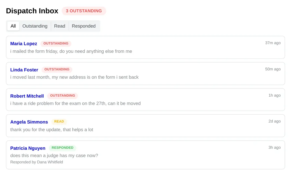 The Chronicle Dispatch inbox. Client replies from across the caseload in one list, each marked outstanding, read or responded, with the name of the staff member who answered.
