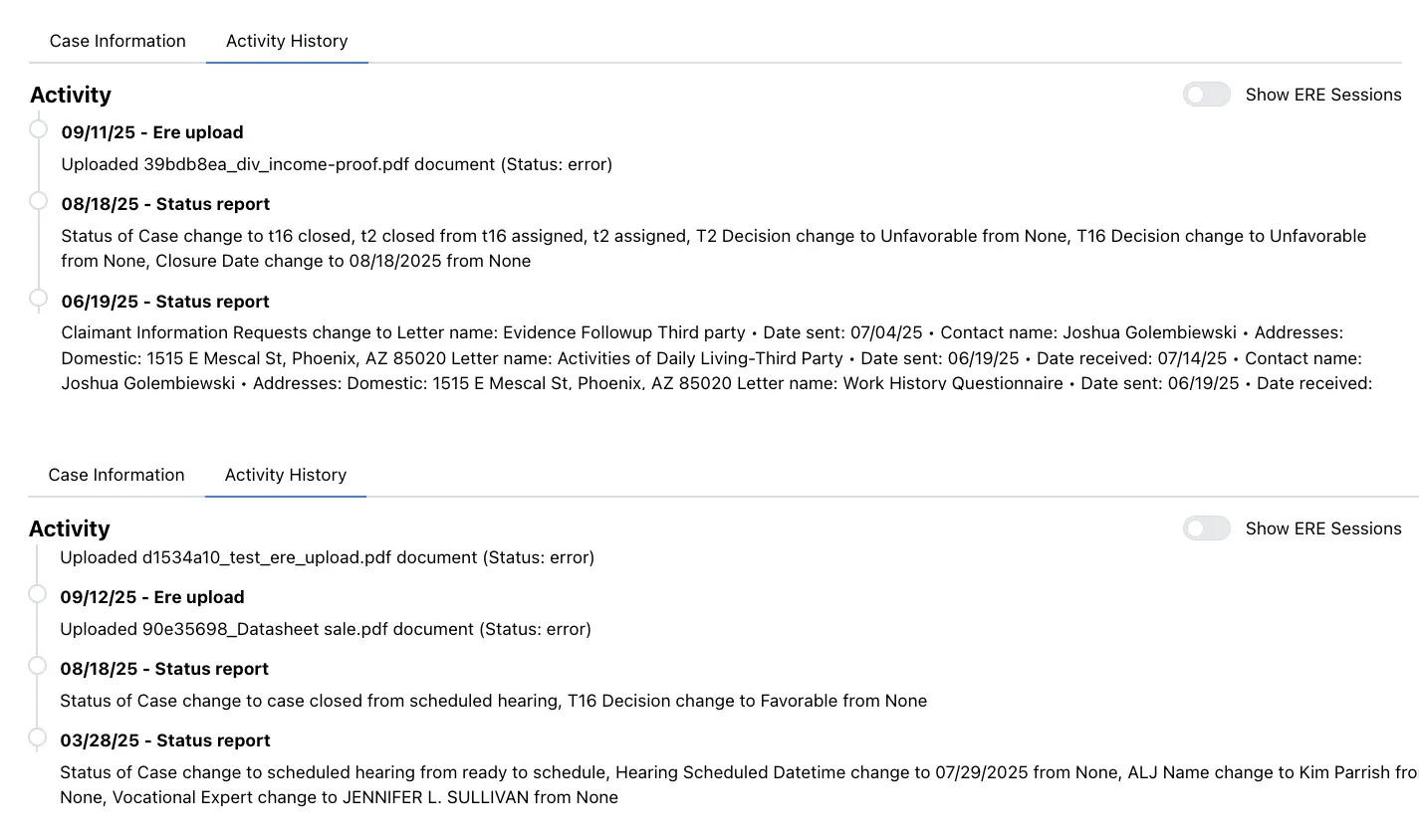 activity history for the ERE
